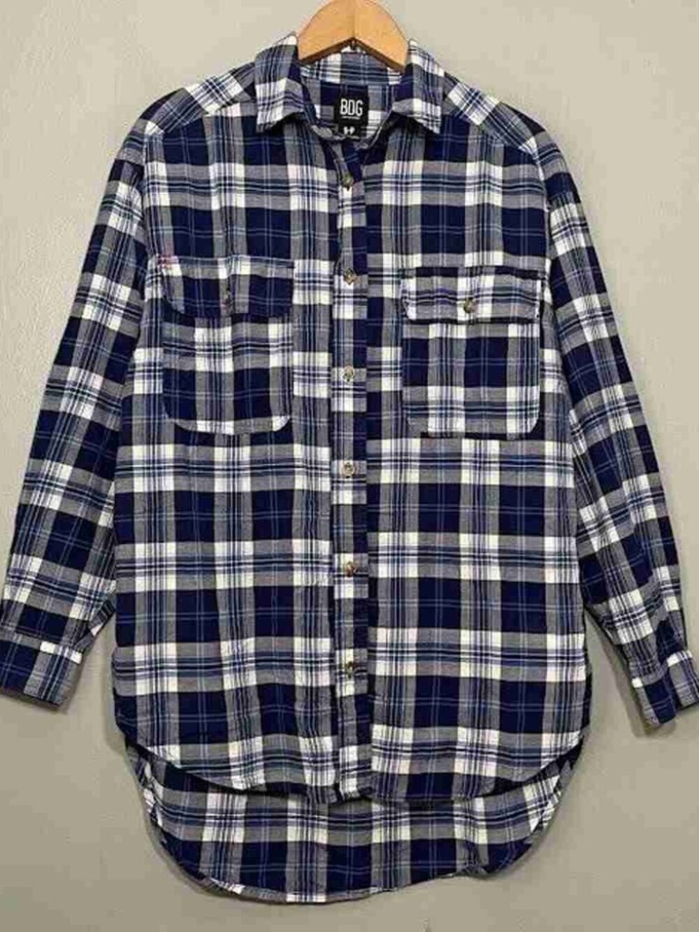 BDG Urban Outfitters Womens Oversized S Blue White Cotton Plaid Button Up Shirt